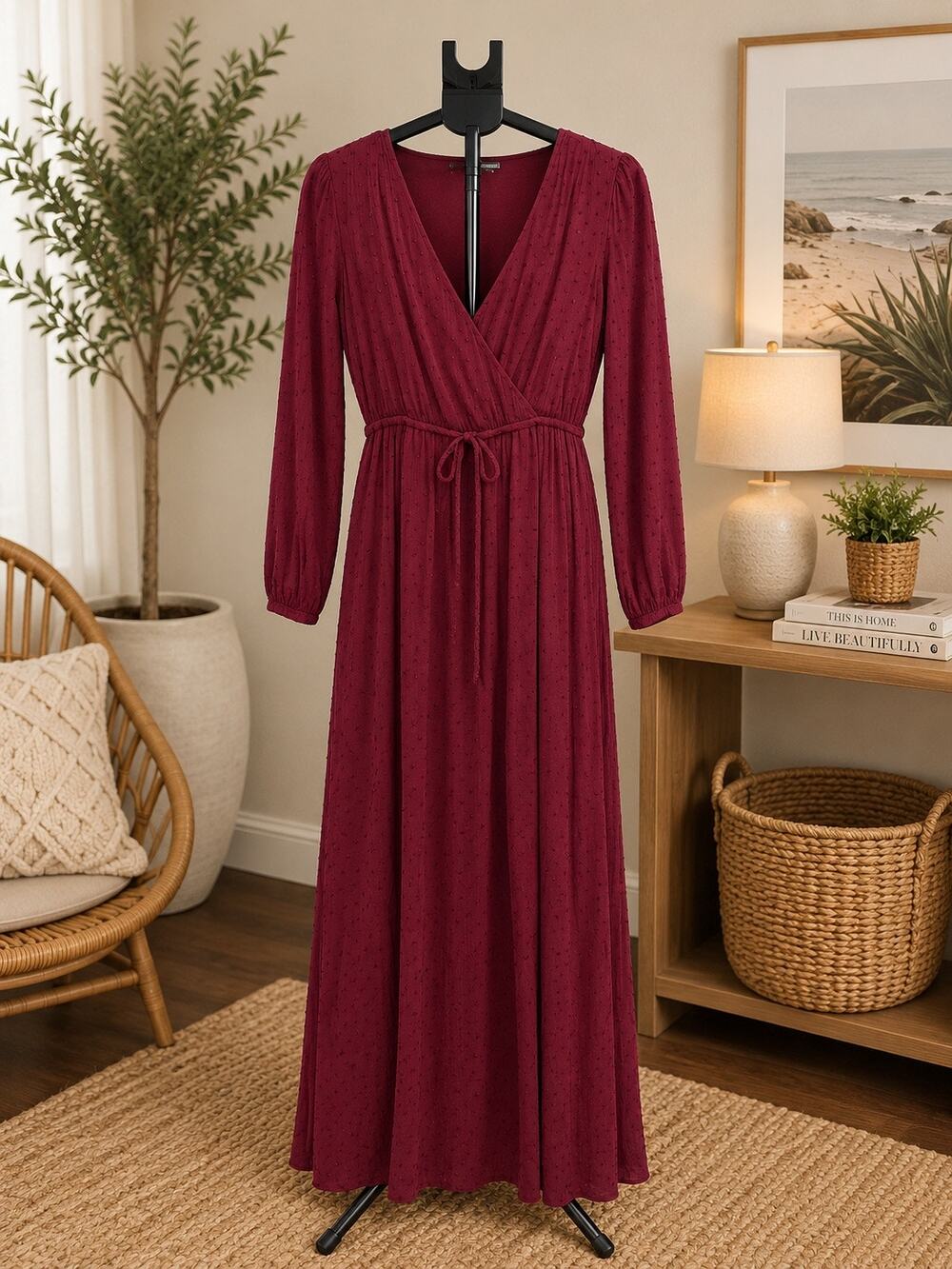 LOFT Women’s Small Burgundy Swiss Dot Wrap Midi Dress Long Sleeve Tie Waist